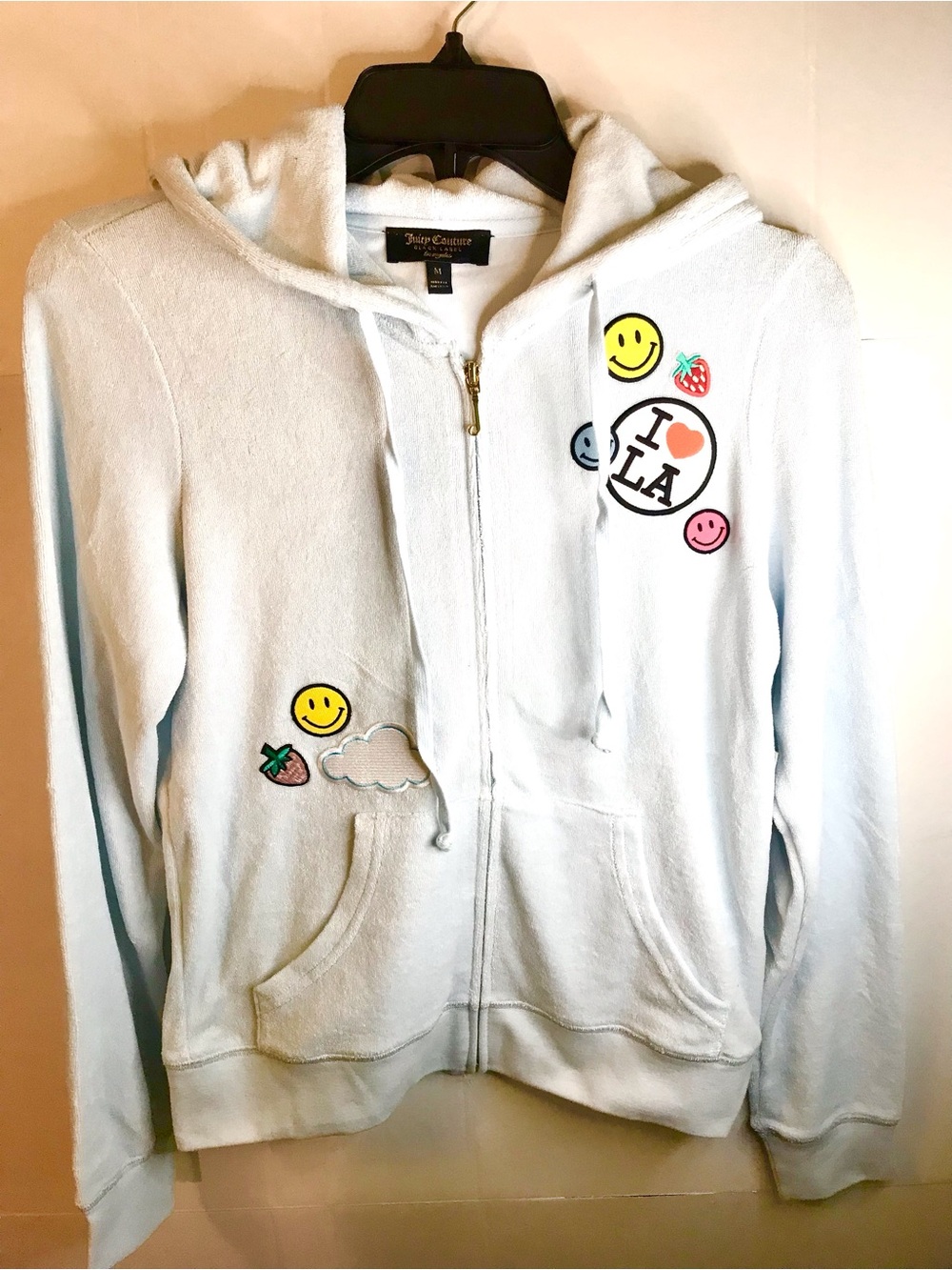 Juicy Couture Light Blue Kids Zip Hoodie with Smiley & Patch Accents